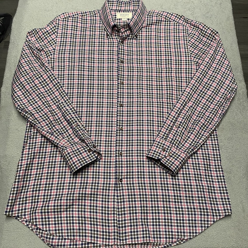Hagen Carmel Fit Shirt Mens XXL Blue Pink Gingham Check Plaid Cotton Casual Prep - Picture 2 of 8